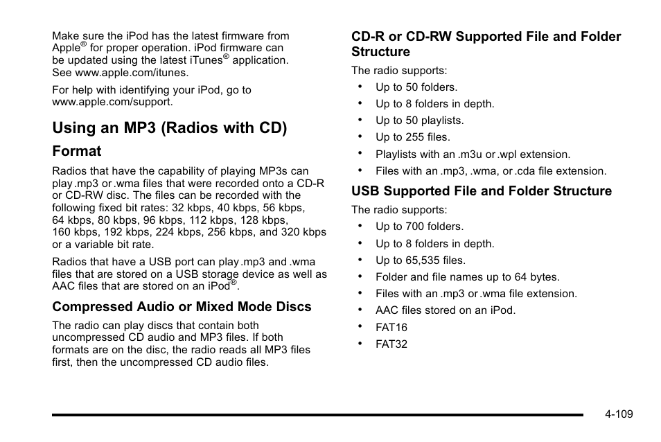 Using an mp3 (radios with cd), Using an mp3 (radios with cd) -109, Format | Compressed audio or mixed mode discs, Cd‐r or cd‐rw supported file and folder structure, Usb supported file and folder structure | GMC 2010 Sierra User Manual | Page 333 / 658