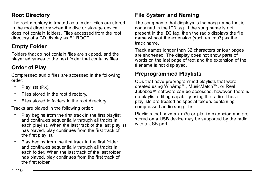 Root directory, Empty folder, Order of play | File system and naming, Preprogrammed playlists | GMC 2010 Sierra User Manual | Page 334 / 658