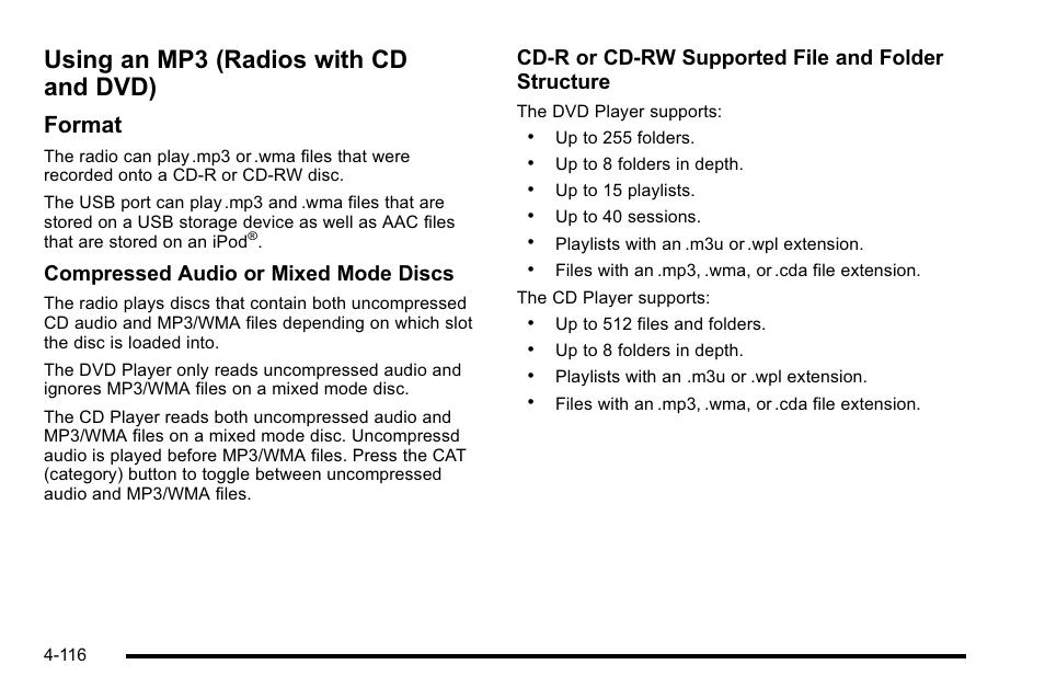 Using an mp3 (radios with cd and dvd), Using an mp3 (radios with cd and dvd) -116, Format | Compressed audio or mixed mode discs, Cd‐r or cd‐rw supported file and folder structure | GMC 2010 Sierra User Manual | Page 340 / 658