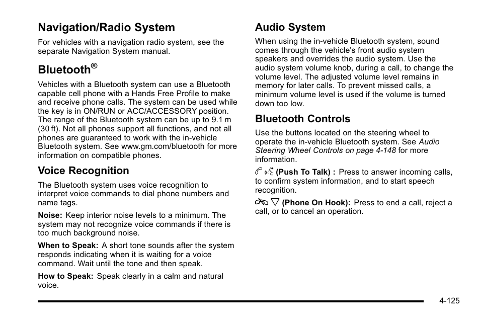 Navigation/radio system, Bluetooth, Navigation/radio system -125 bluetooth | Voice recognition, Audio system, Bluetooth controls | GMC 2010 Sierra User Manual | Page 349 / 658