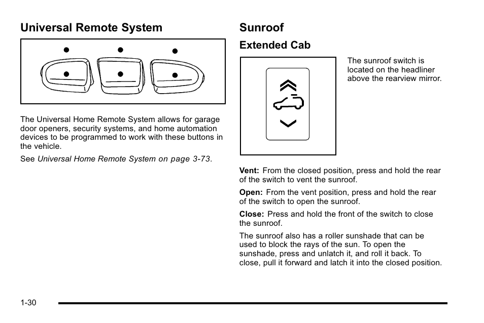 Universal remote system, Sunroof, Universal remote system -30 sunroof -30 | Extended cab | GMC 2010 Sierra User Manual | Page 36 / 658