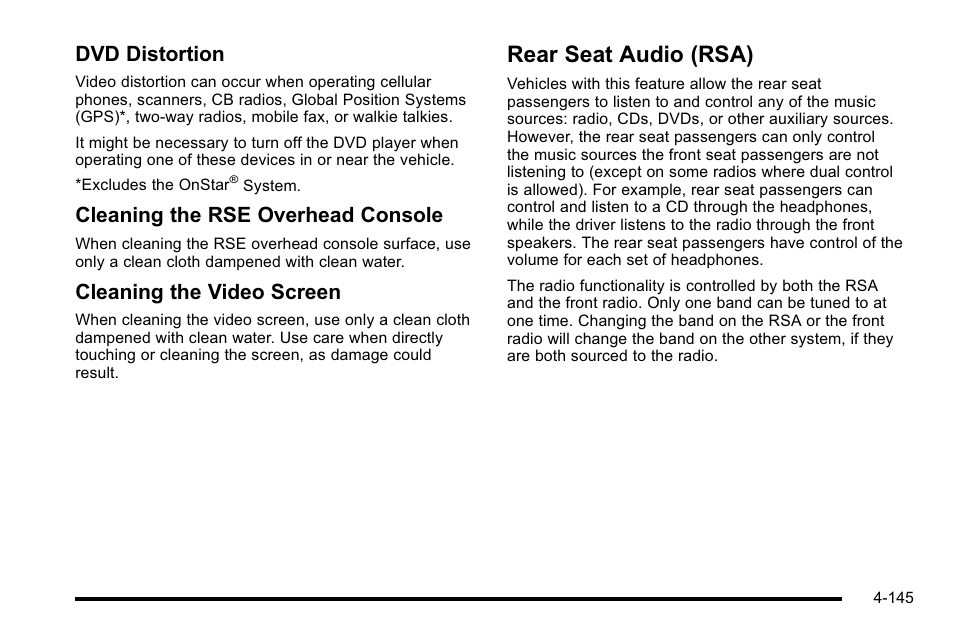 Rear seat audio (rsa), Rear seat audio (rsa) -145, Dvd distortion | Cleaning the rse overhead console, Cleaning the video screen | GMC 2010 Sierra User Manual | Page 369 / 658