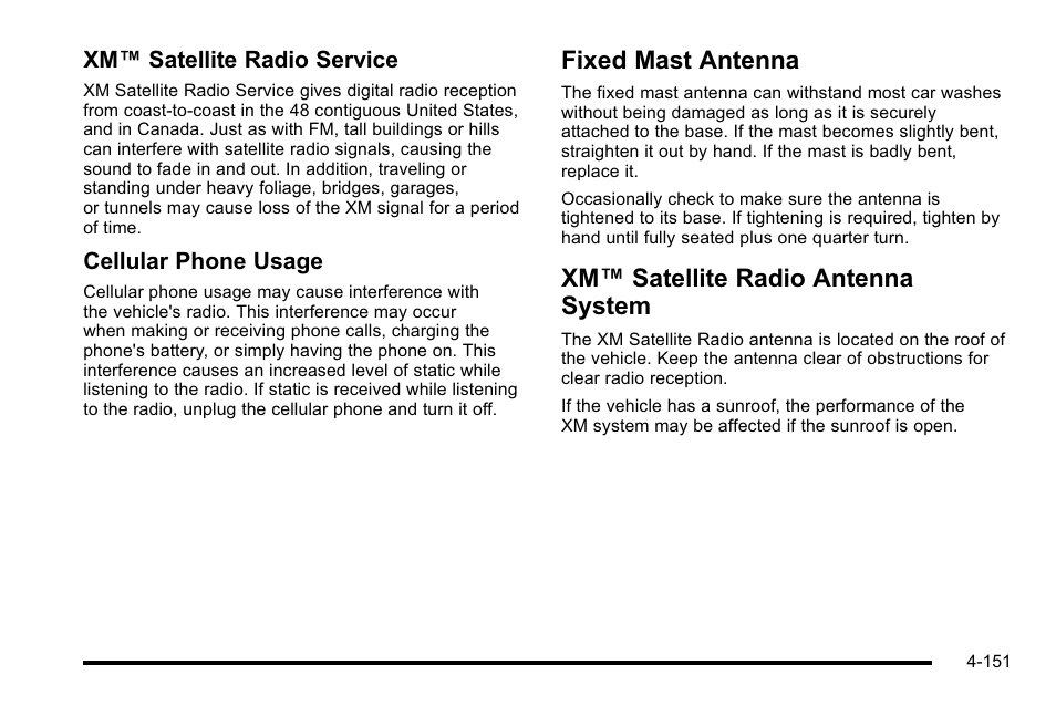 Fixed mast antenna, Xm satellite radio antenna system, Xm™ satellite radio antenna system | Xm™ satellite radio service, Cellular phone usage | GMC 2010 Sierra User Manual | Page 375 / 658