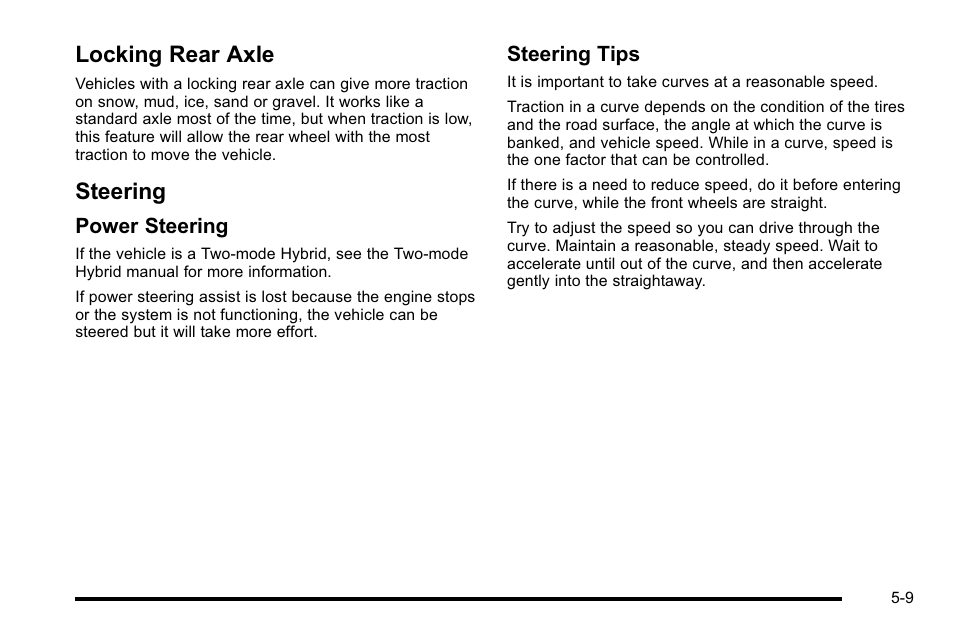 Locking rear axle, Steering, Locking rear axle -9 steering -9 | Power steering, Steering tips | GMC 2010 Sierra User Manual | Page 385 / 658