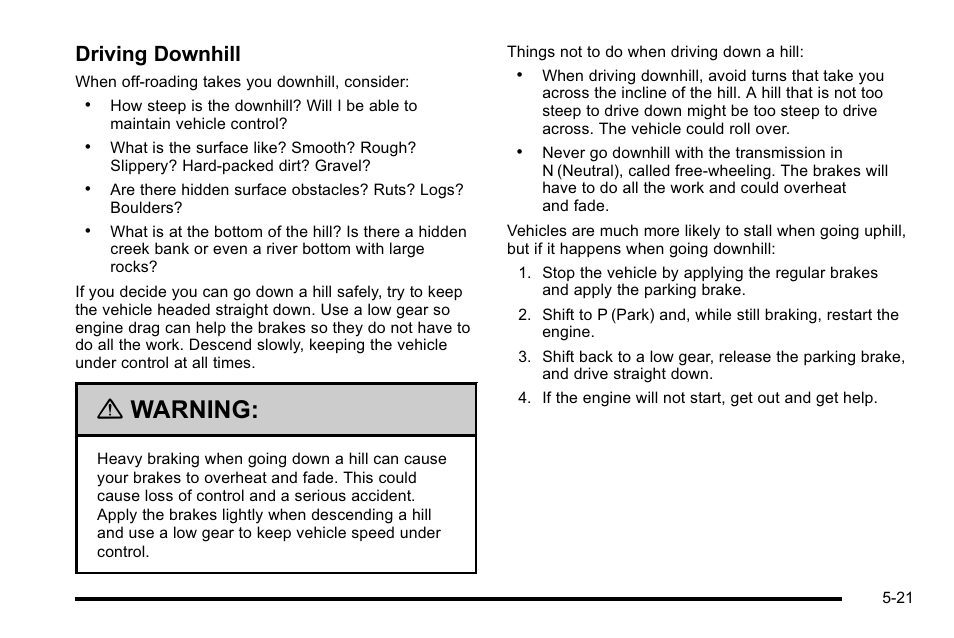 Warning, Driving downhill | GMC 2010 Sierra User Manual | Page 397 / 658