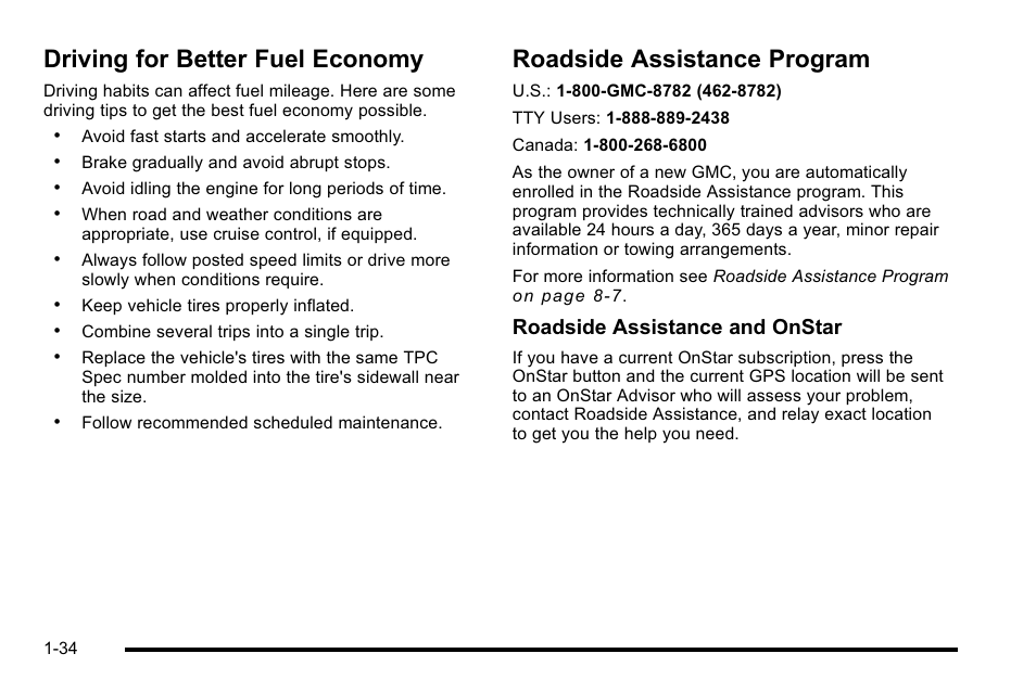 Driving for better fuel economy, Roadside assistance program, Roadside assistance and onstar | GMC 2010 Sierra User Manual | Page 40 / 658