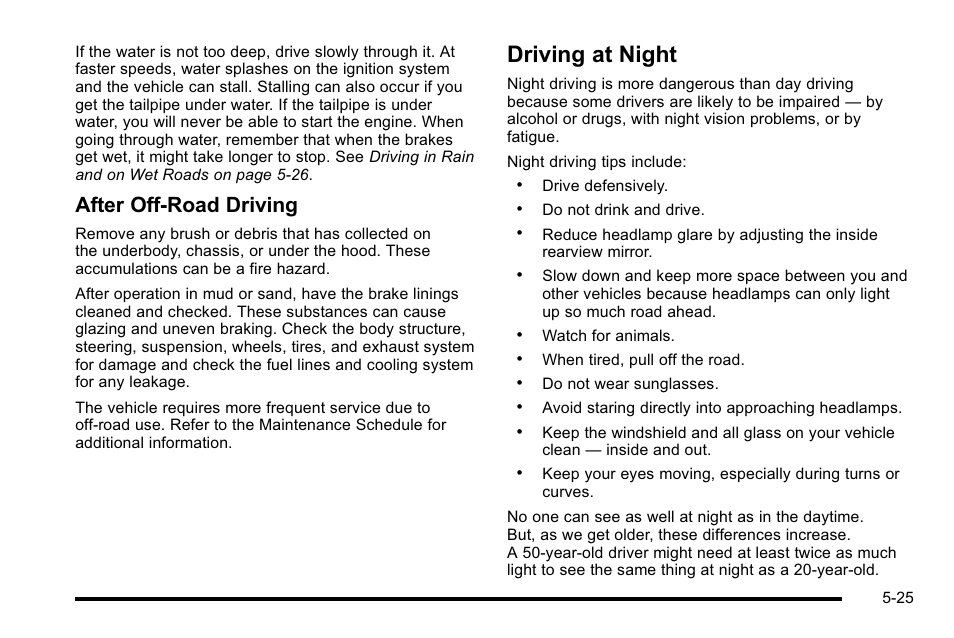 Driving at night, Driving at night -25, After off-road driving | GMC 2010 Sierra User Manual | Page 401 / 658