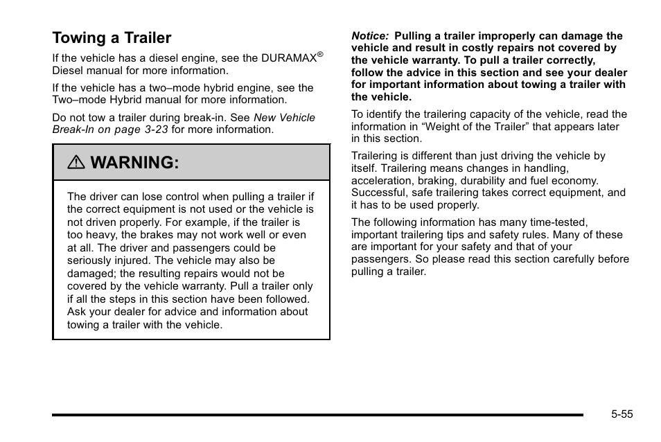 Towing a trailer, Towing a trailer -55, Warning | GMC 2010 Sierra User Manual | Page 431 / 658