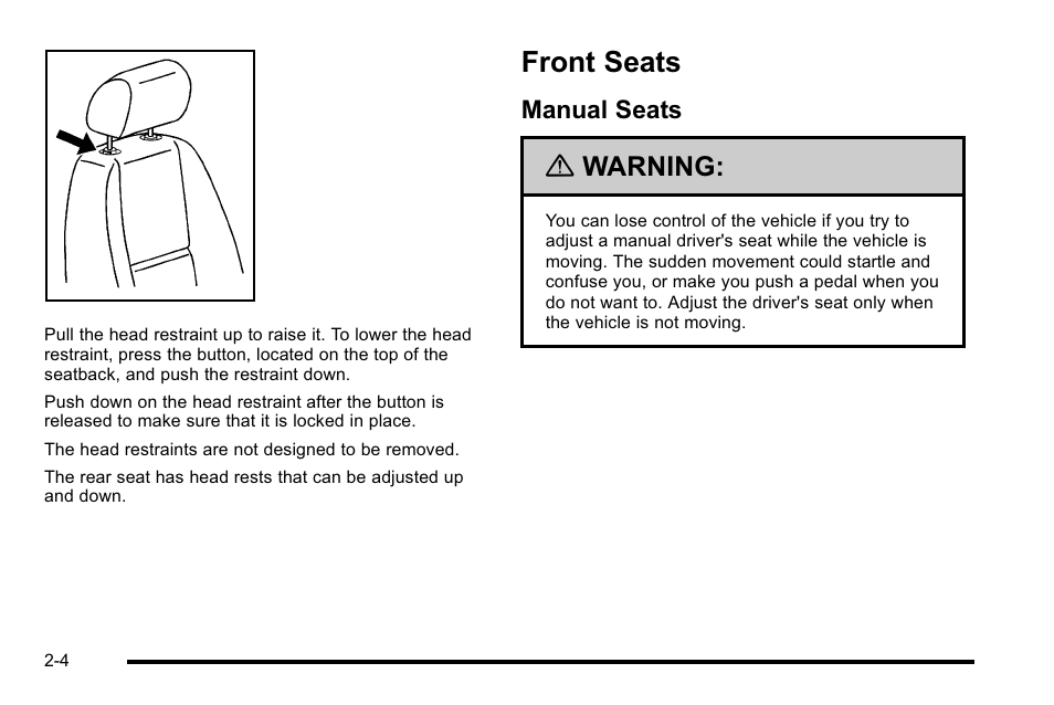 Front seats, Manual seats, Front seats -4 | Driver information center, Manual seats -4, Warning | GMC 2010 Sierra User Manual | Page 46 / 658