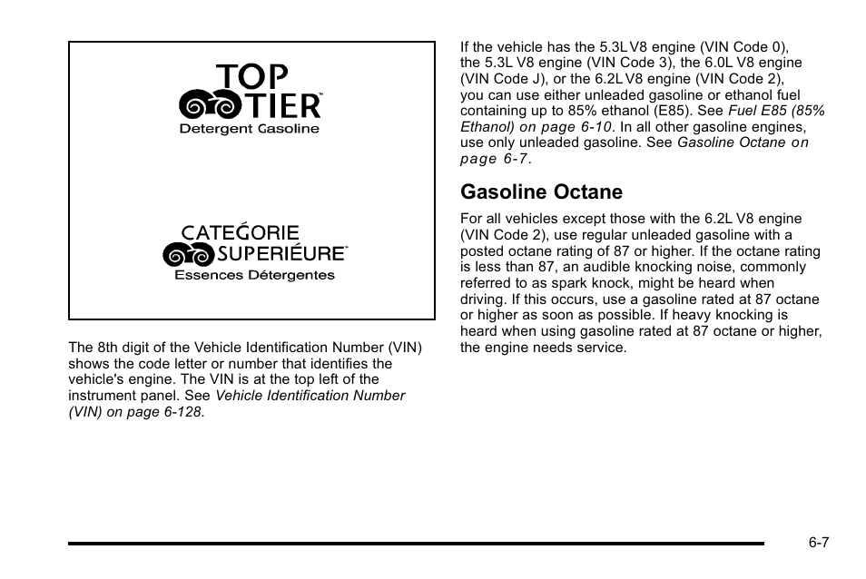 Gasoline octane, Gasoline octane -7 | GMC 2010 Sierra User Manual | Page 467 / 658