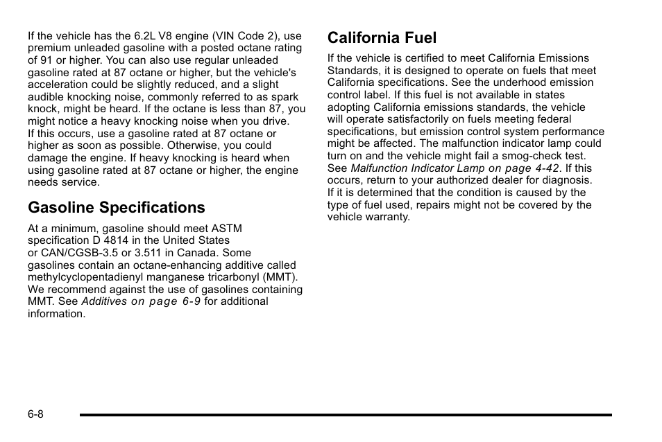 Gasoline specifications, California fuel, Gasoline specifications -8 california fuel -8 | GMC 2010 Sierra User Manual | Page 468 / 658