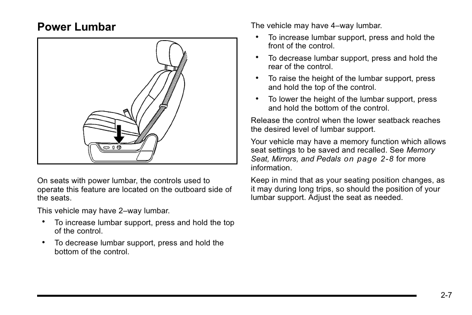 Power lumbar, Power lumbar -7 | GMC 2010 Sierra User Manual | Page 49 / 658