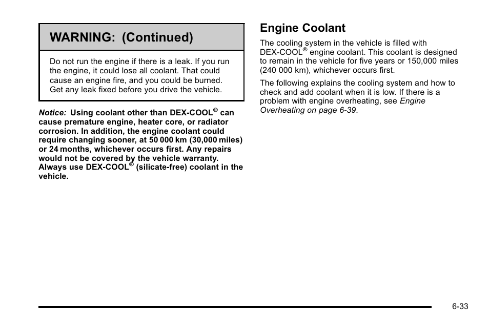 Engine coolant, Engine coolant -33, Warning: (continued) | GMC 2010 Sierra User Manual | Page 493 / 658