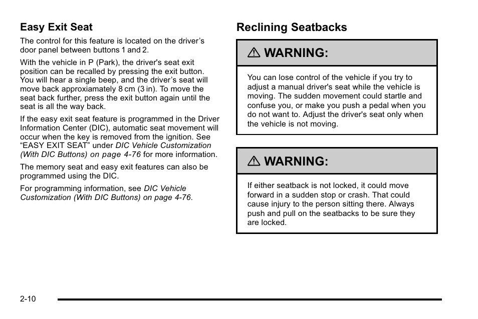 Reclining seatbacks, Reclining seatbacks -10, Warning | GMC 2010 Sierra User Manual | Page 52 / 658