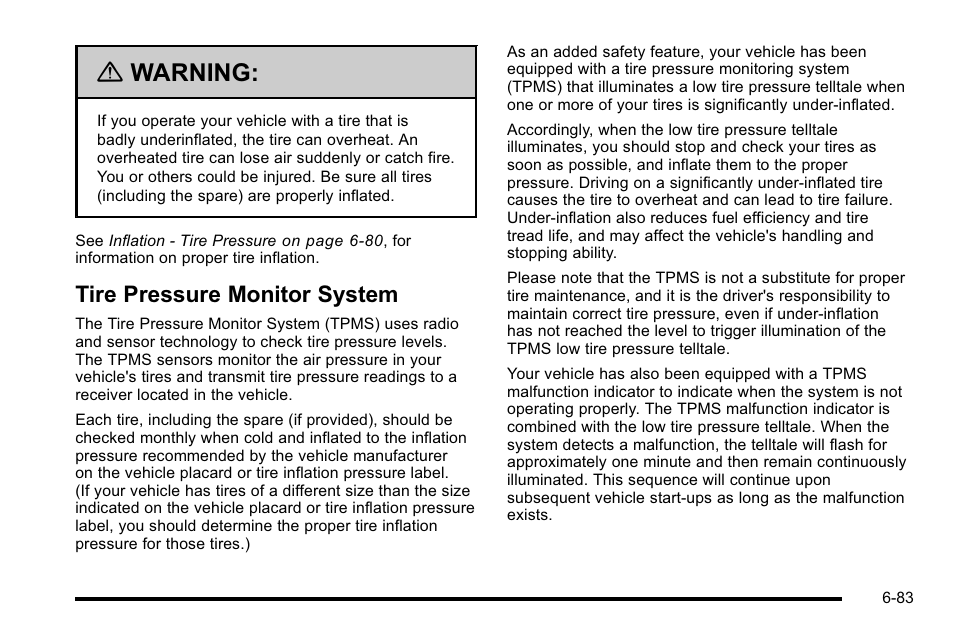 Tire pressure monitor system, Tire pressure monitor system -83, Warning | GMC 2010 Sierra User Manual | Page 543 / 658