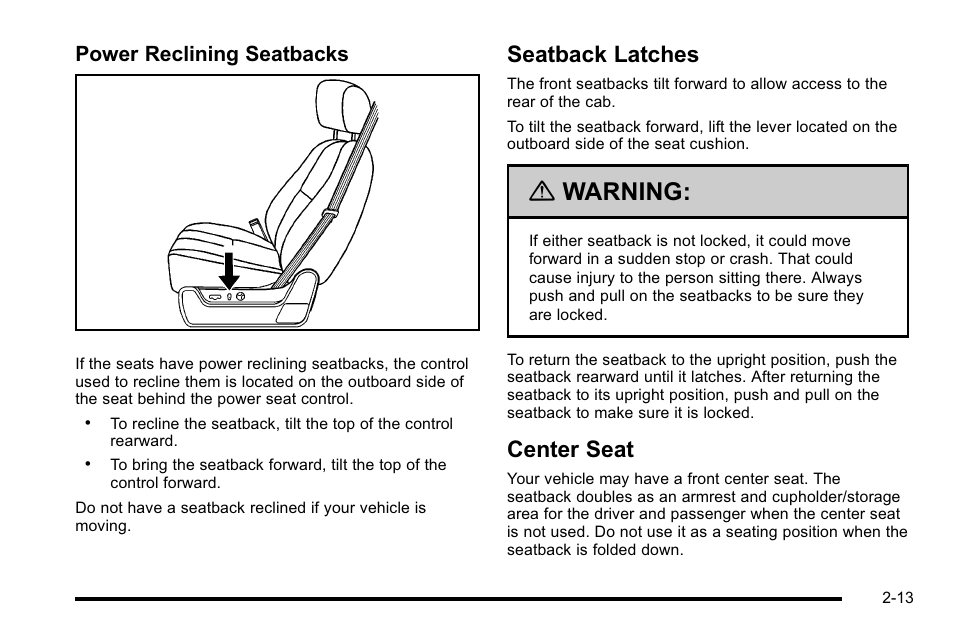 Seatback latches, Center seat, Seatback latches -13 center seat -13 | Warning, Power reclining seatbacks | GMC 2010 Sierra User Manual | Page 55 / 658