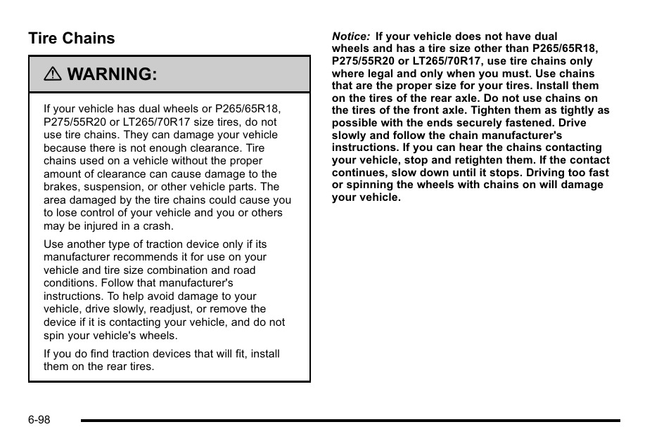 Tire chains, Tire chains -98, Warning | GMC 2010 Sierra User Manual | Page 558 / 658