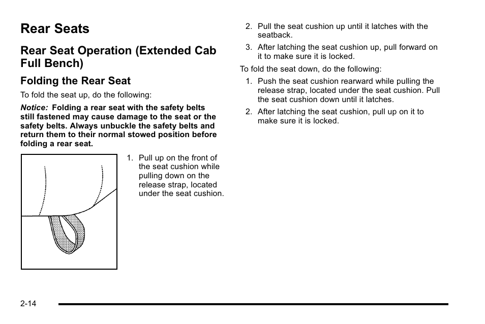 Rear seats, Rear seat operation (extended cab full bench), Rear seats -14 | Audio, Rear seat operation (extended cab full, Bench) -14, Folding the rear seat | GMC 2010 Sierra User Manual | Page 56 / 658