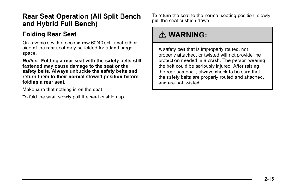 Rear seat operation (all split bench and, Hybrid full bench) -15, Warning | GMC 2010 Sierra User Manual | Page 57 / 658