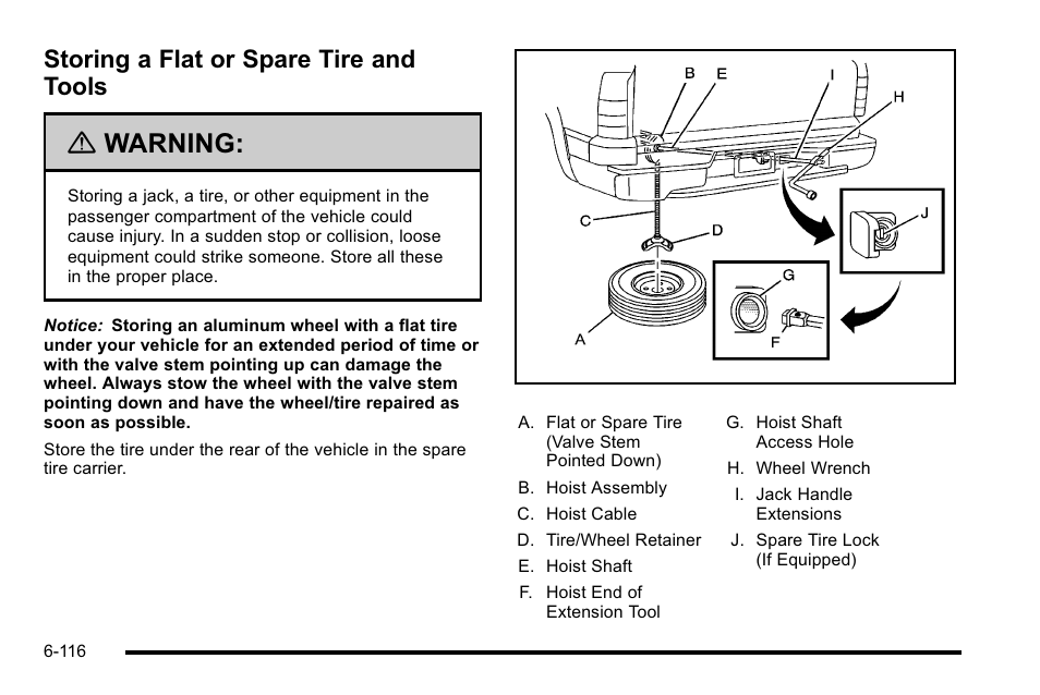 Storing a flat or spare tire and tools, Storing a flat or spare tire and tools -116, Warning | GMC 2010 Sierra User Manual | Page 576 / 658