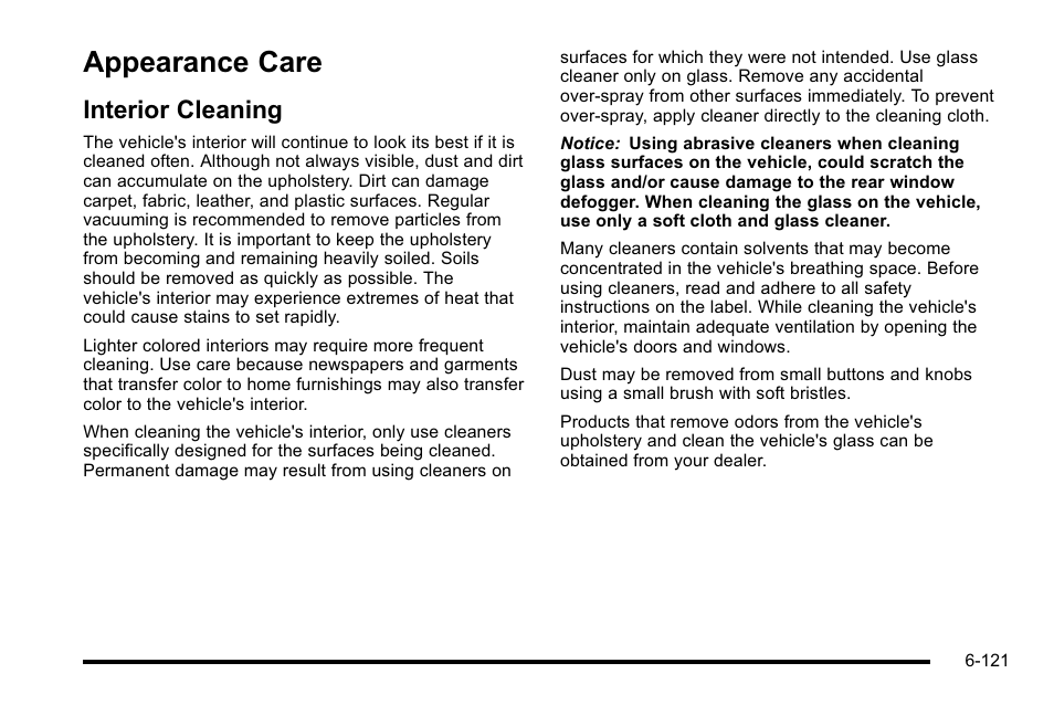 Appearance care, Interior cleaning, Appearance care -121 | Customer assistance and information, Interior cleaning -121 | GMC 2010 Sierra User Manual | Page 581 / 658