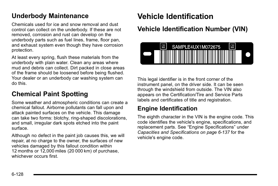 Underbody maintenance, Chemical paint spotting, Vehicle identification | Vehicle identification number (vin), Vehicle identification -128, Vehicle identification number (vin) -128 | GMC 2010 Sierra User Manual | Page 588 / 658