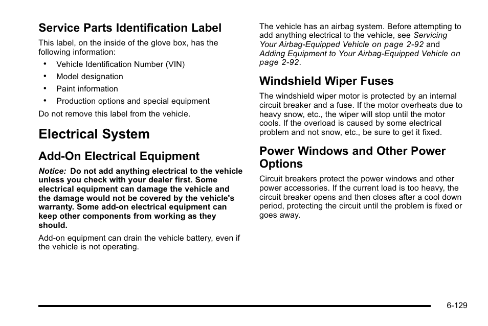 Service parts identification label, Electrical system, Add-on electrical equipment | Windshield wiper fuses, Power windows and other power options, Electrical system -129, Vehicle data, Service parts identification label -129 | GMC 2010 Sierra User Manual | Page 589 / 658