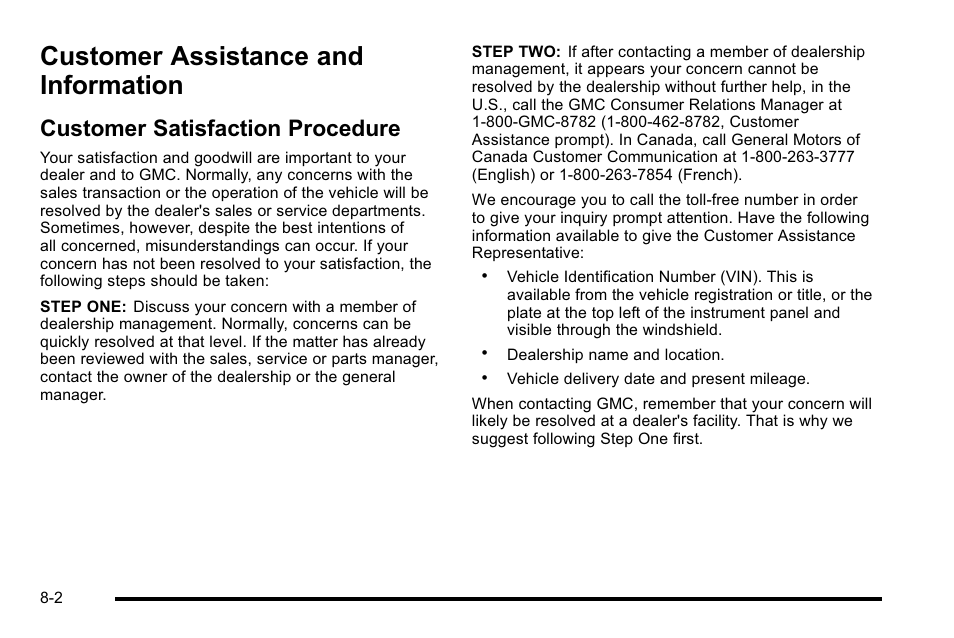 Customer assistance and information, Customer satisfaction procedure, Customer assistance and information -2 | Customer satisfaction procedure -2 | GMC 2010 Sierra User Manual | Page 622 / 658