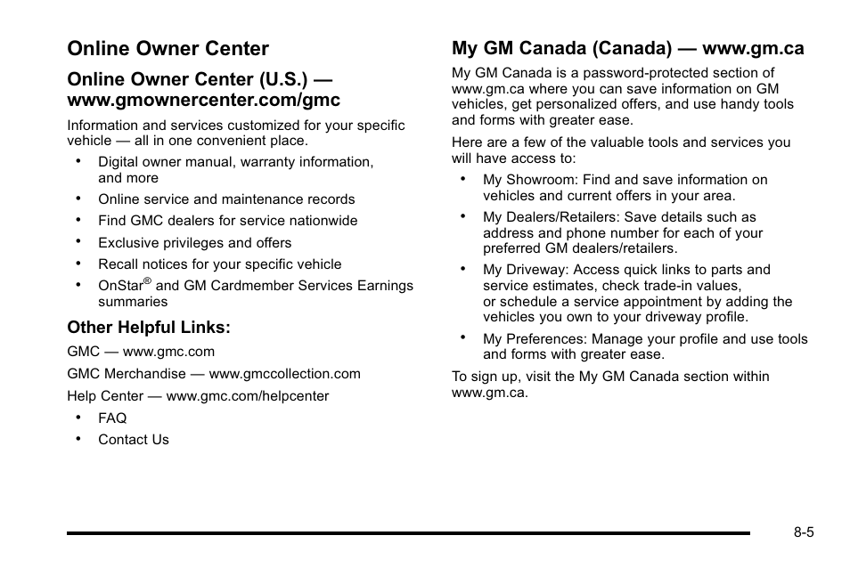 Online owner center, Online owner center -5, Other helpful links | GMC 2010 Sierra User Manual | Page 625 / 658