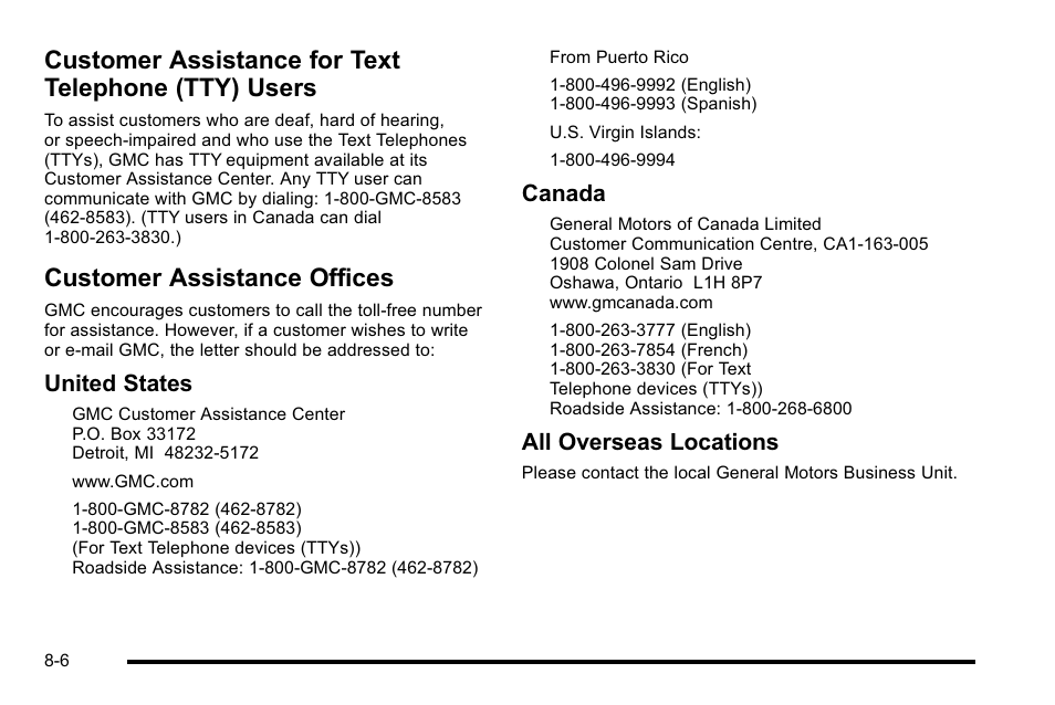 Customer assistance for text telephone (tty) users, Customer assistance offices, Customer assistance for text telephone (tty) | Users -6, Customer assistance offices -6, Reporting, United states, Canada, All overseas locations | GMC 2010 Sierra User Manual | Page 626 / 658