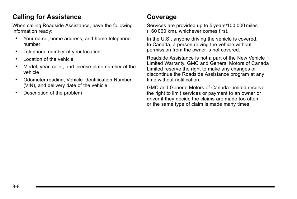 Calling for assistance, Coverage | GMC 2010 Sierra User Manual | Page 628 / 658