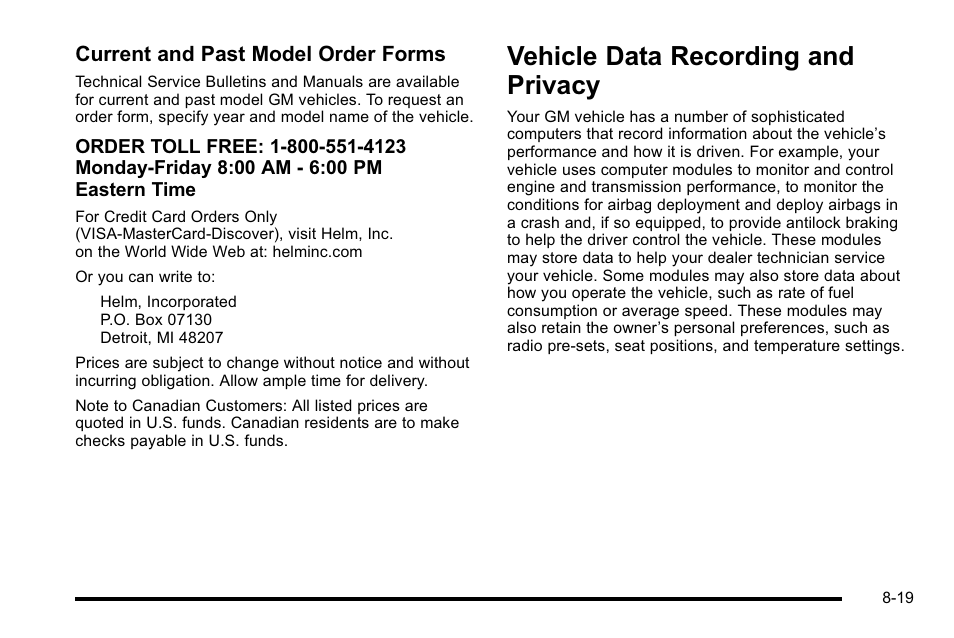 Vehicle data recording and privacy, Recording and privacy -19, Data recording and privacy -19 | Current and past model order forms | GMC 2010 Sierra User Manual | Page 639 / 658