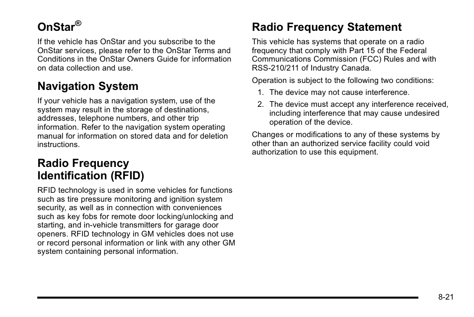 Onstar, Navigation system, Radio frequency identification (rfid) | Radio frequency statement | GMC 2010 Sierra User Manual | Page 641 / 658