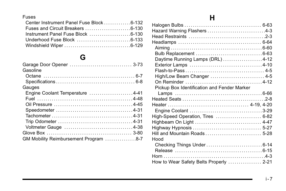 Index_g, Index_h | GMC 2010 Sierra User Manual | Page 649 / 658