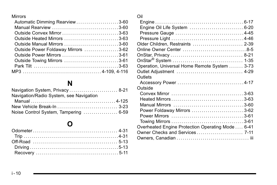 Index_n, Index_o | GMC 2010 Sierra User Manual | Page 652 / 658