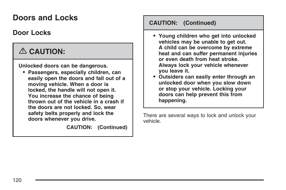 Doors and locks, Door locks, Caution | GMC 2007 Sierra User Manual | Page 120 / 674