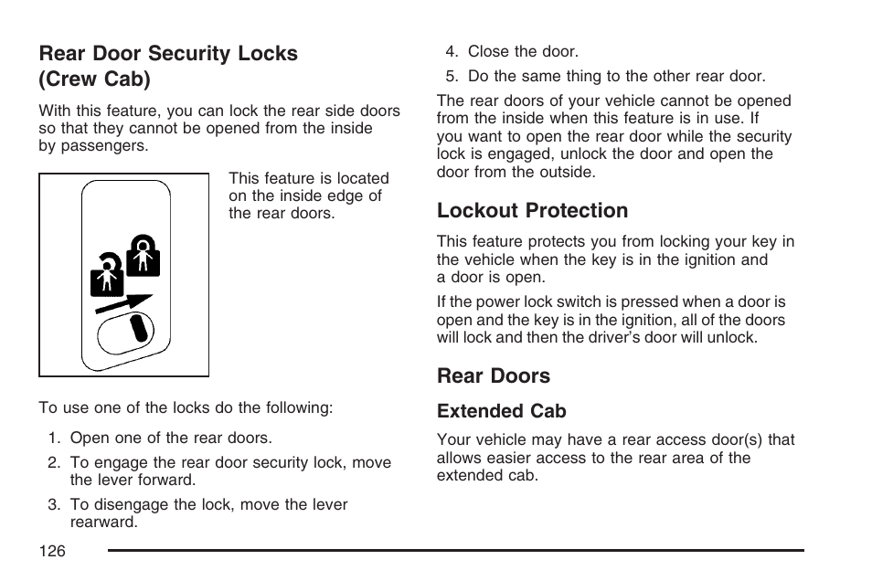 Rear door security locks (crew cab), Lockout protection, Rear doors | GMC 2007 Sierra User Manual | Page 126 / 674