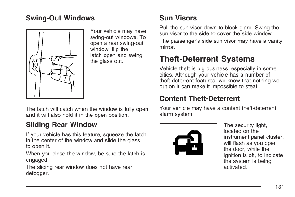 Swing-out windows, Sliding rear window, Sun visors | Theft-deterrent systems, Content theft-deterrent, Swing-out windows sliding rear window sun visors | GMC 2007 Sierra User Manual | Page 131 / 674