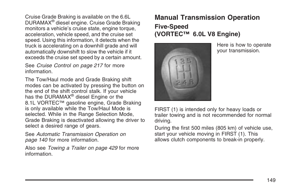 Manual transmission operation, Five-speed (vortec™ 6.0l v8 engine) | GMC 2007 Sierra User Manual | Page 149 / 674