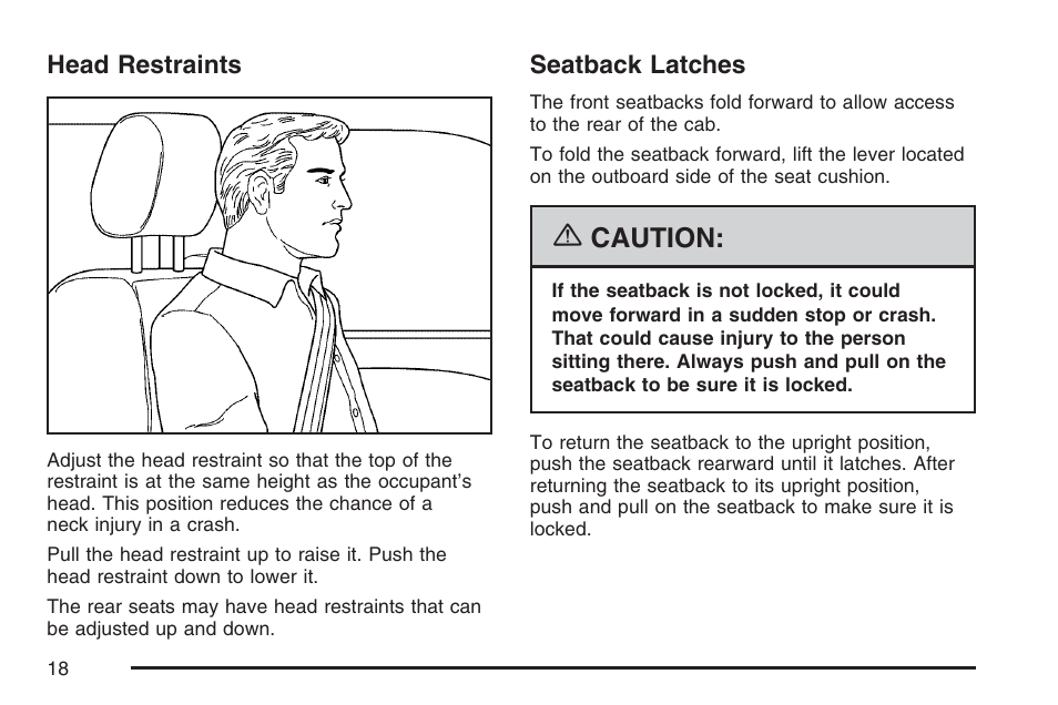 Head restraints, Seatback latches, Head restraints seatback latches | Caution | GMC 2007 Sierra User Manual | Page 18 / 674