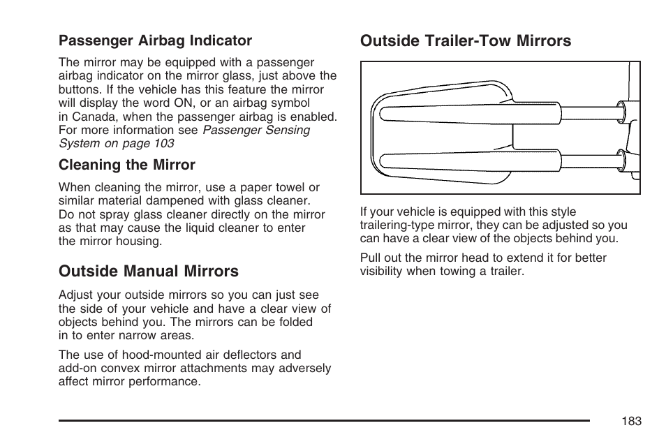 Outside manual mirrors, Outside trailer-tow mirrors, Outside manual mirrors outside trailer-tow mirrors | GMC 2007 Sierra User Manual | Page 183 / 674