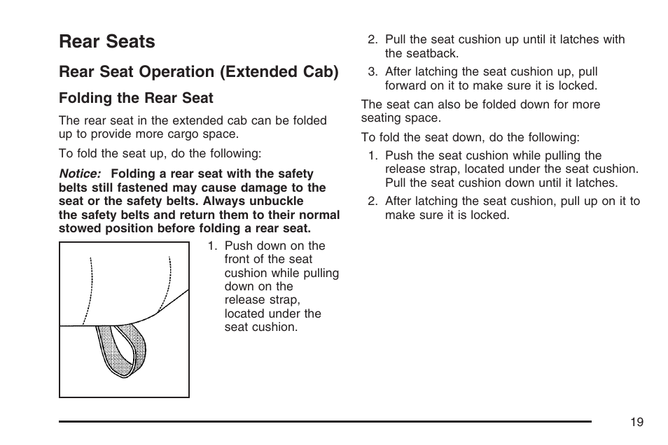 Rear seats, Rear seat operation (extended cab) | GMC 2007 Sierra User Manual | Page 19 / 674