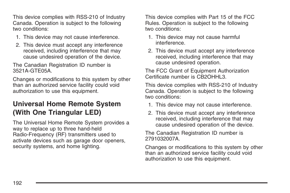 Universal home remote system, With one triangular led) | GMC 2007 Sierra User Manual | Page 192 / 674