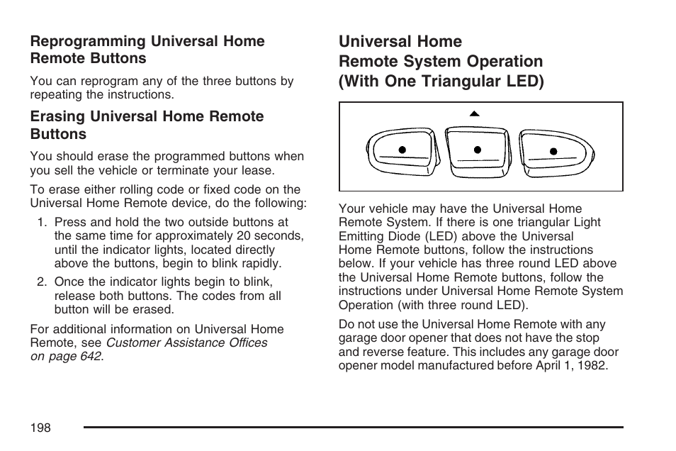 Universal home remote system, Operation (with one triangular led) | GMC 2007 Sierra User Manual | Page 198 / 674