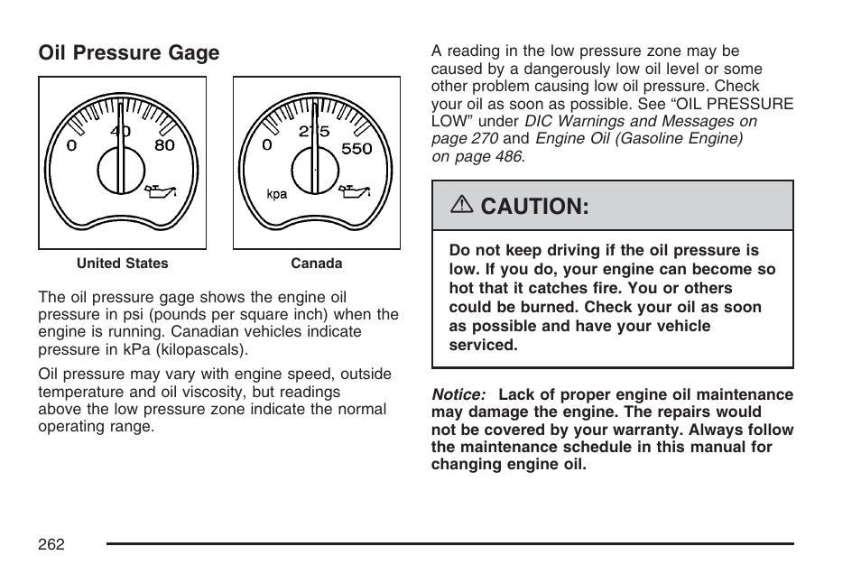 Oil pressure gage, Caution | GMC 2007 Sierra User Manual | Page 262 / 674