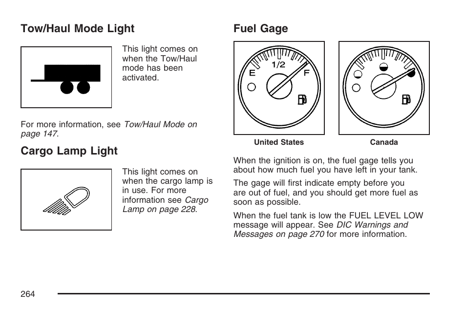 Tow/haul mode light, Cargo lamp light, Fuel gage | Tow/haul mode light cargo lamp light fuel gage | GMC 2007 Sierra User Manual | Page 264 / 674