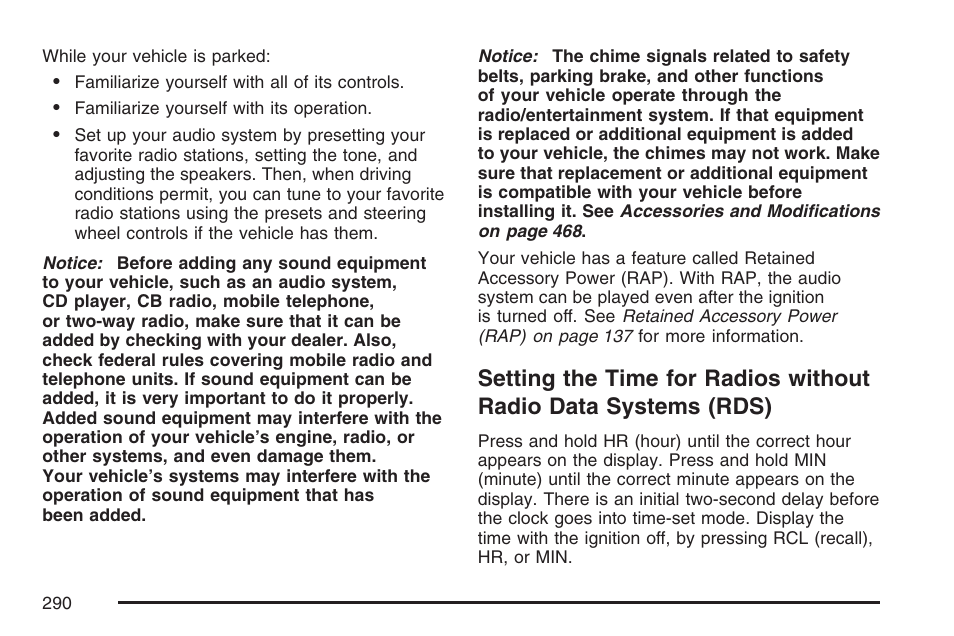 Setting the time for radios without, Radio data systems (rds) | GMC 2007 Sierra User Manual | Page 290 / 674