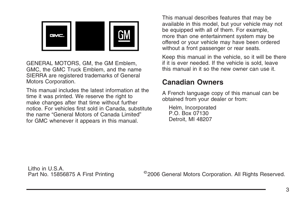 Canadian owners | GMC 2007 Sierra User Manual | Page 3 / 674
