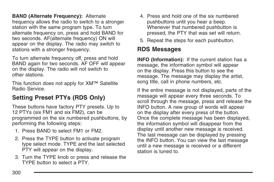 Setting preset ptys (rds only), Rds messages | GMC 2007 Sierra User Manual | Page 300 / 674