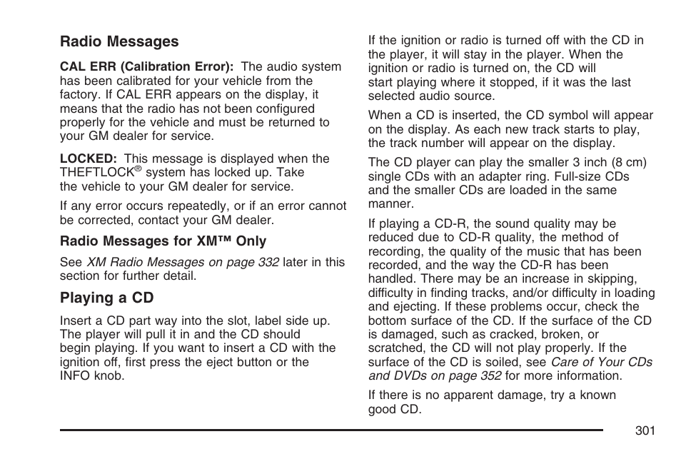 Radio messages, Playing a cd | GMC 2007 Sierra User Manual | Page 301 / 674